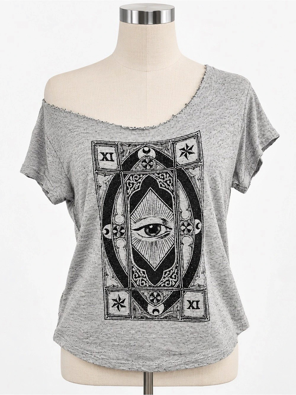 Truly Madly Deeply Grey Off Shoulder Tarot Eye Graphic Top Size S